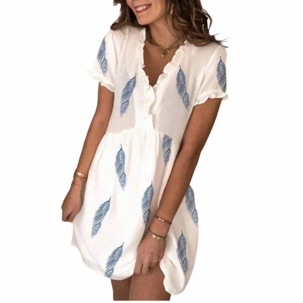 Women’s White and Blue Leaf Print Mini Dress Small